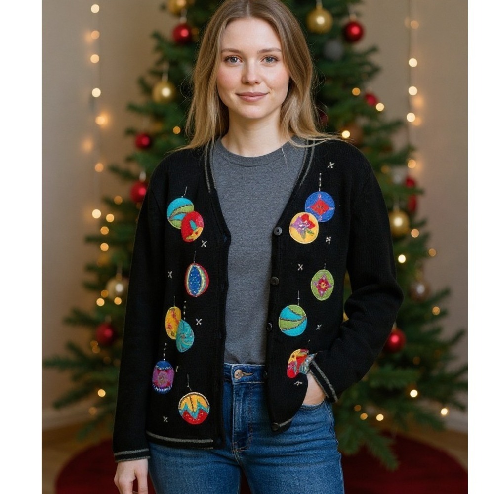 Bobbie Brooks Womens Sweater Vintage Christmas Ornaments Button‎ Down Large